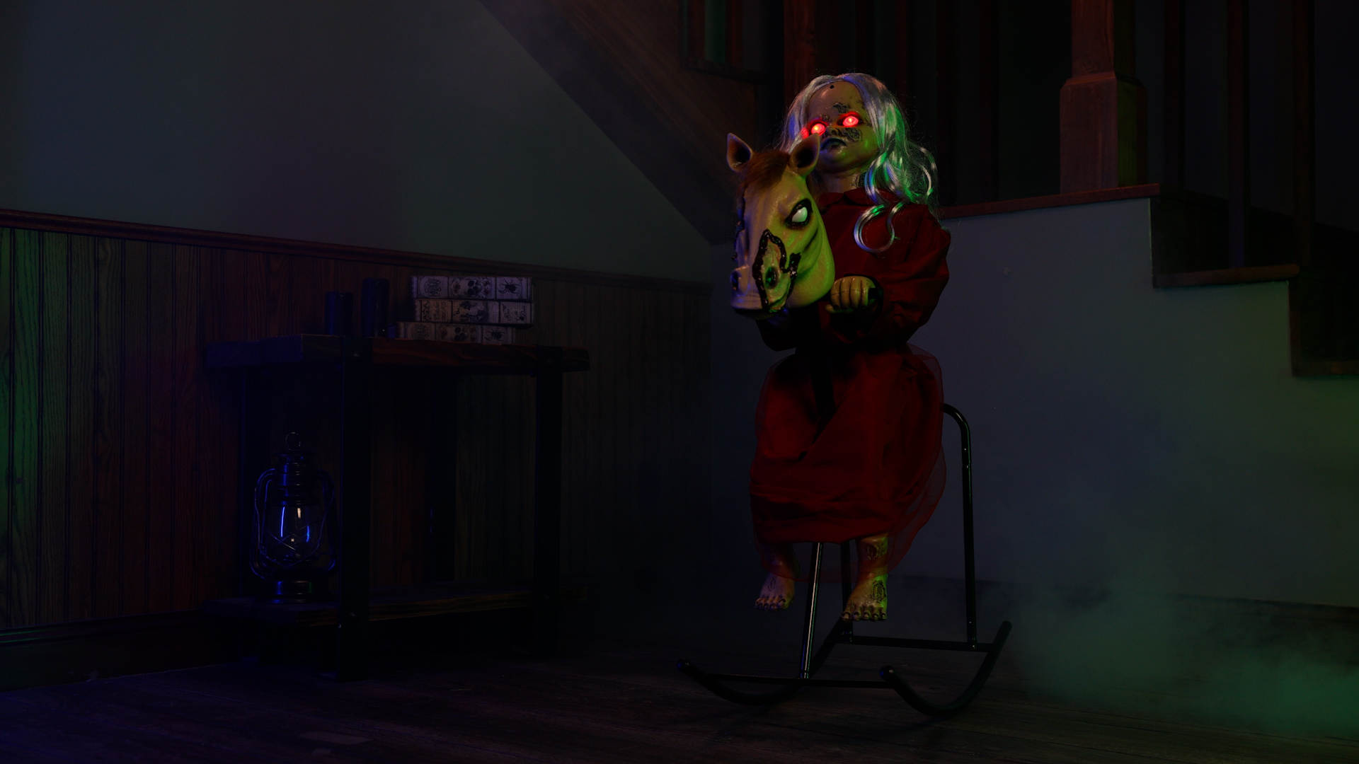 FUN3280 RED DRESS VARIENT 3.5FT Light Up Talking Doll on Animated Rocking Horse Decoration